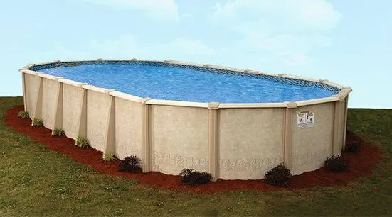 Oval above-ground pool with tan walls and blue liner in residential backyard