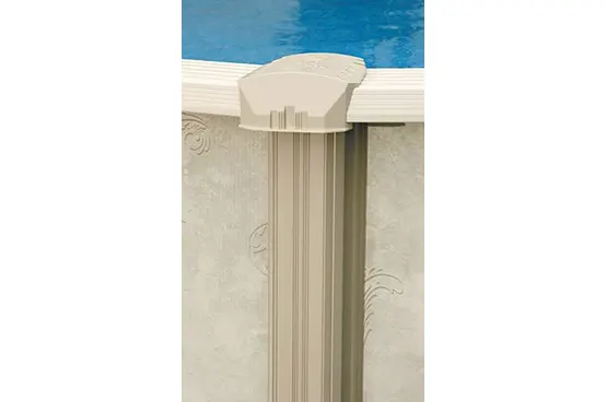 Above-ground pool wall column detail with protective cap and blue water