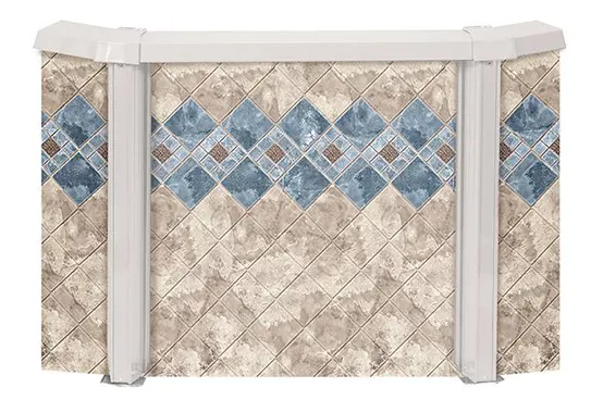 Above-ground pool wall panel featuring blue and tan diamond tile pattern design
