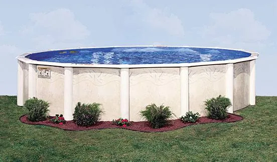 White above-ground pool with blue water in residential backyard setting