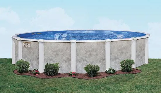 Above-ground pool with white columns installed in residential backyard landscape