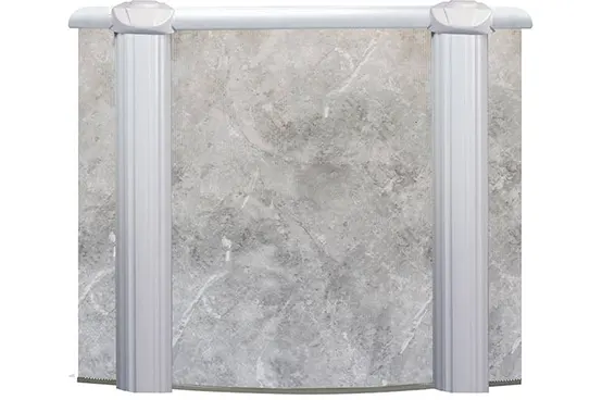 Gray marble above-ground pool wall panel with white aluminum frame supports