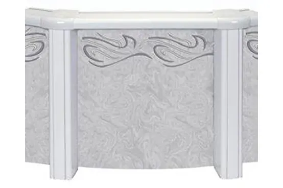 Above-ground pool wall panel with decorative trim and marble finish design