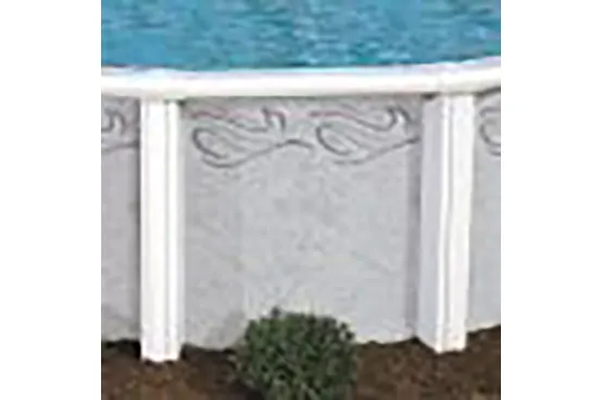 White above-ground pool wall with decorative trim and blue water visible