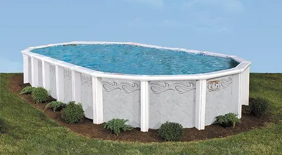 White oval above-ground pool with blue water in residential backyard setting