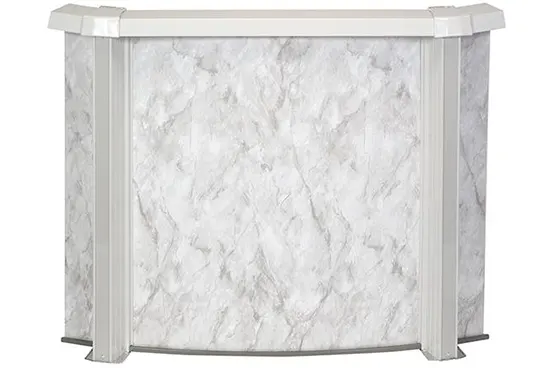 Marble-patterned above-ground pool wall with white aluminum frame supports