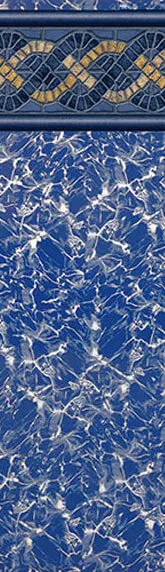 Blue marble above-ground pool liner with decorative gold border detail