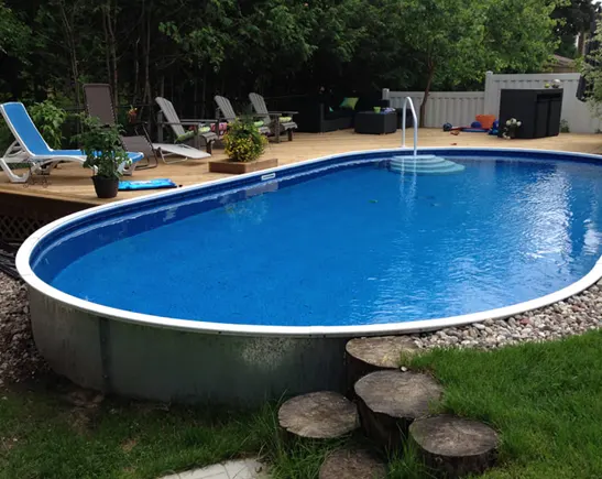 Large oval above-ground pool with blue liner in residential backyard setting