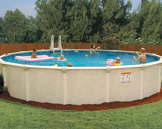 Large round above-ground pool with families swimming and enjoying summer fun together