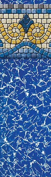 Decorative pool liner design featuring blue mosaic tile pattern with water waves and swimming pool graphics