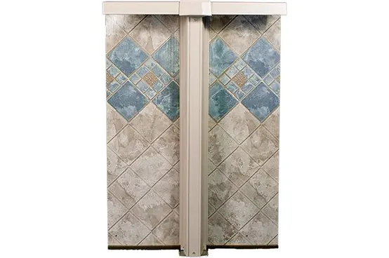 Decorative tile shower surround with blue and gray diamond pattern for spa equipment bathrooms