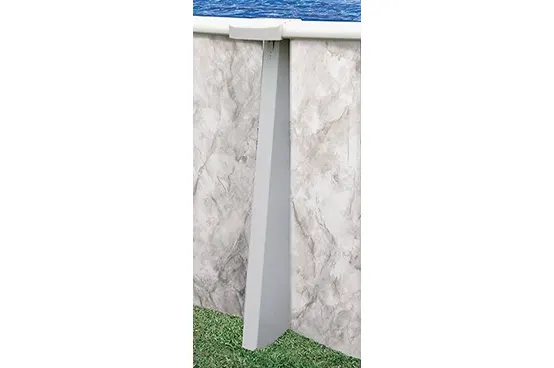 Above-ground pool wall with vertical support leg and water visible above