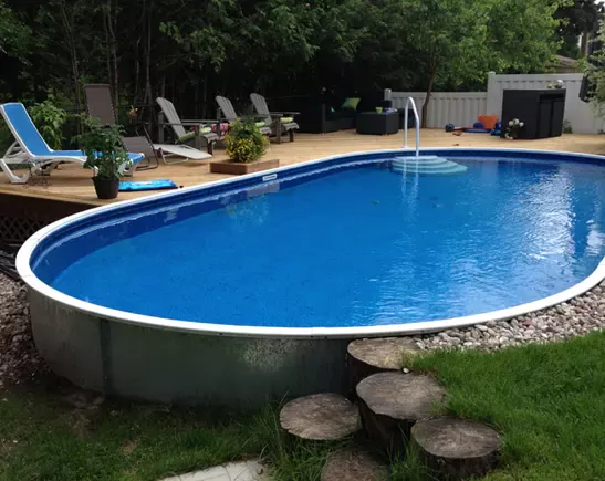Large oval above-ground pool with blue liner in residential backyard setting