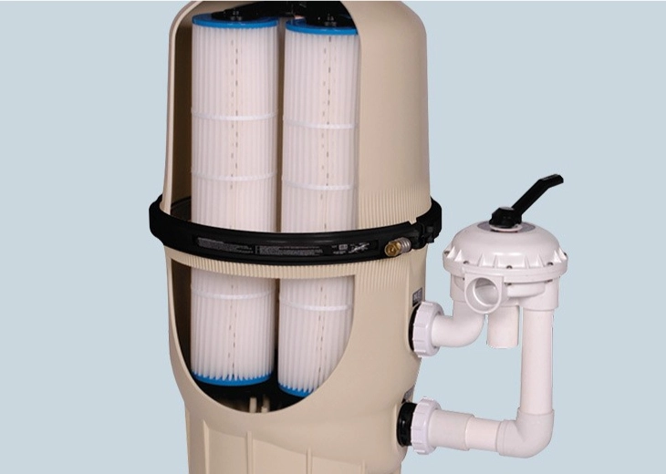 Cartridge filter system with multiport valve for above-ground and in-ground pool maintenance