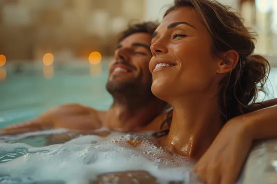 Couple relaxing together in a hot tub spa at home during evening