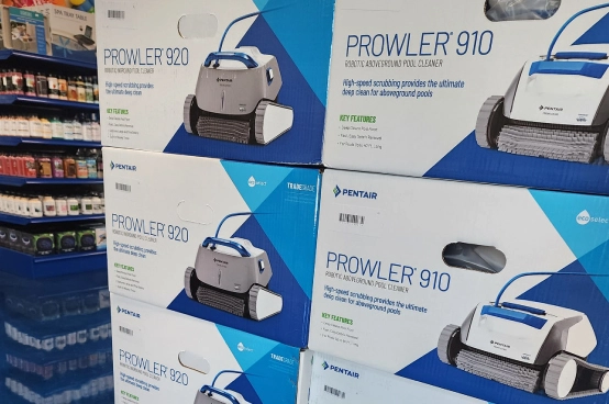 Pentair Prowler robotic pool cleaners displayed at The Water Hole pool supplies retailer showroom