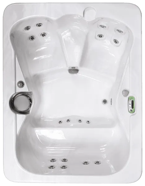 Overhead view of white hot tub with jets and spa equipment installed