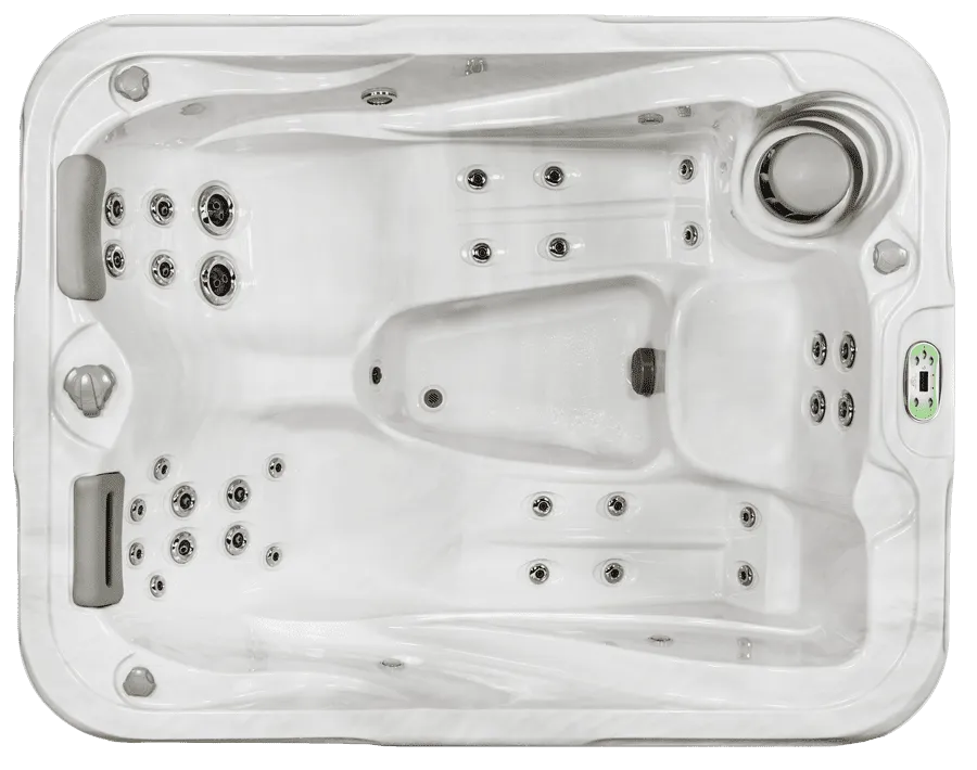Overhead view of luxury hot tub spa equipment with multiple jet nozzles and controls