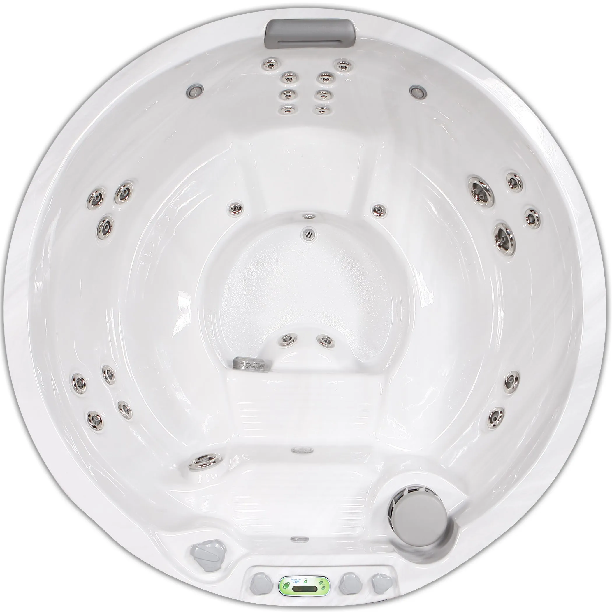 White round hot tub viewed from above showing jets and spa equipment controls