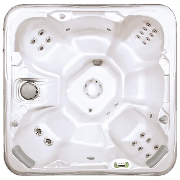 Top-down view of white hot tub shell with jets and spa equipment components