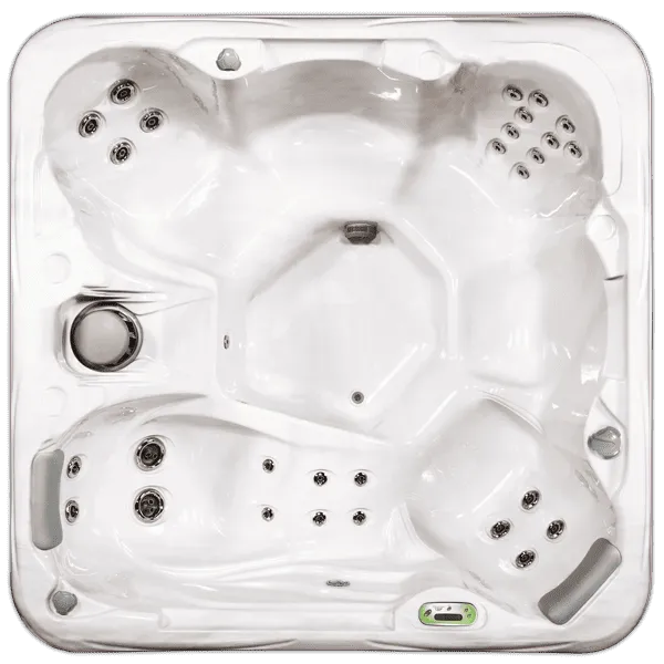 White hot tub shell with multiple jets and spa equipment viewed from above
