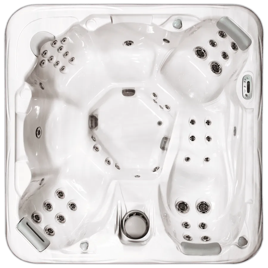 Overhead view of luxury hot tub spa equipment with multiple jets and controls