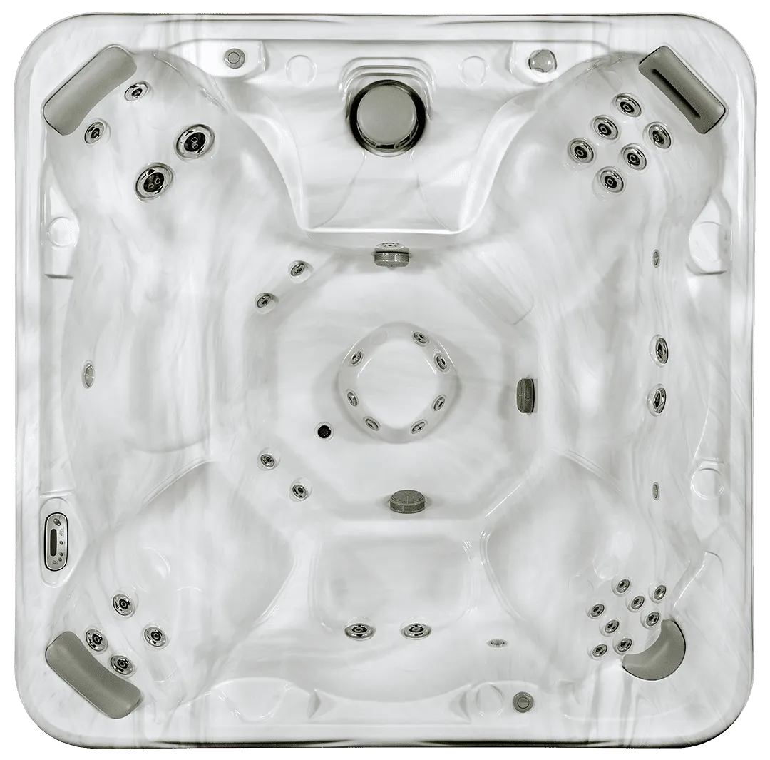 Overhead view of hot tub interior showing jets and spa equipment layout