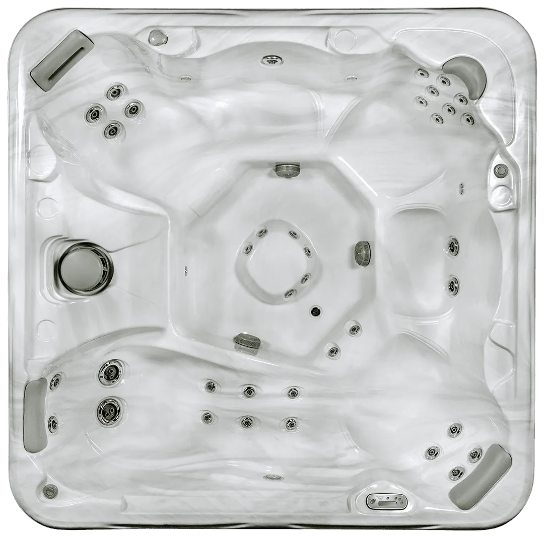 Overhead view of a luxurious hot tub with multiple jets and spa equipment features
