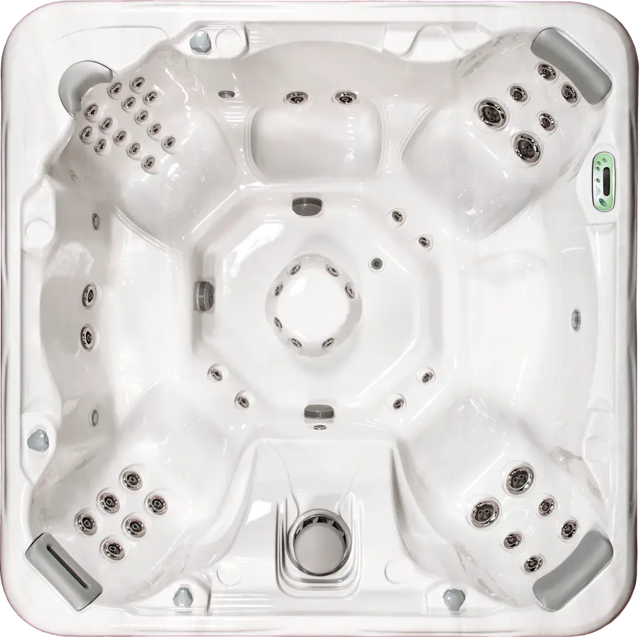 Overhead view of luxury hot tub with multiple jets and spa equipment