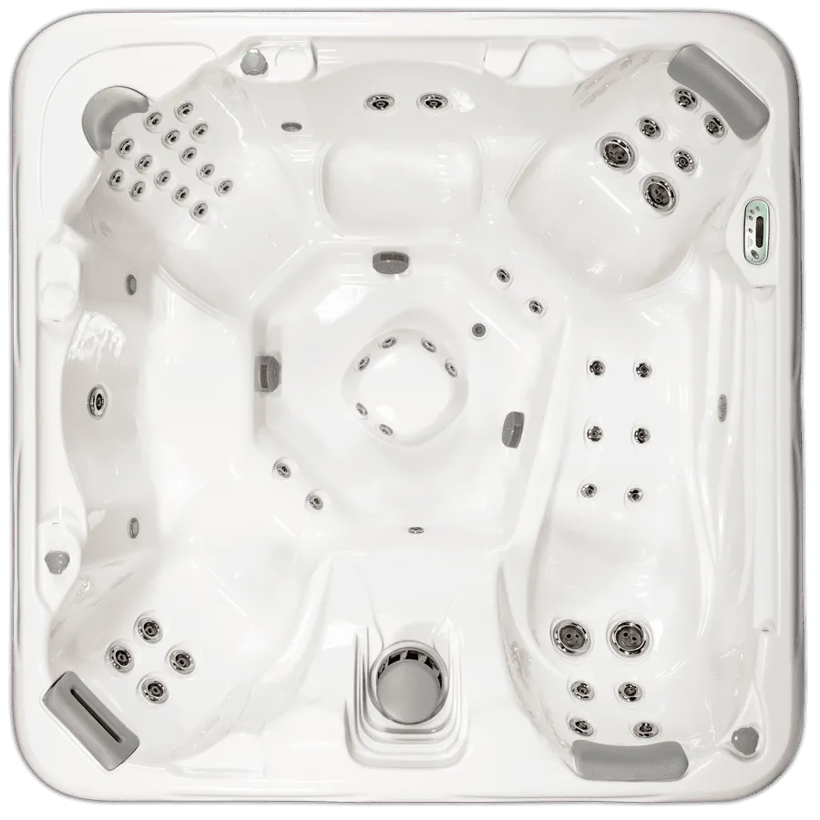 Overhead view of luxurious hot tub spa equipment with multiple jets and controls