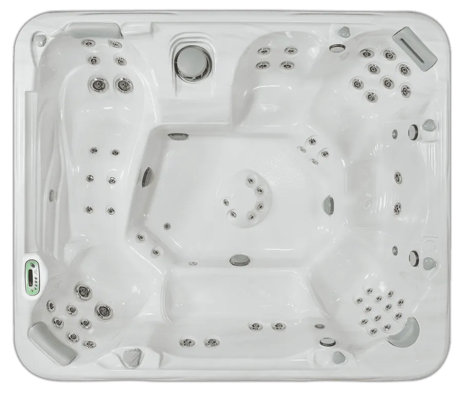 Overhead view of luxury hot tub with multiple jets and spa equipment features