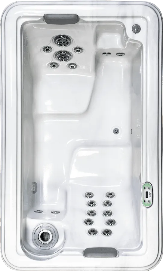 Overhead view of luxury hot tub interior showing jets and seating for spa equipment