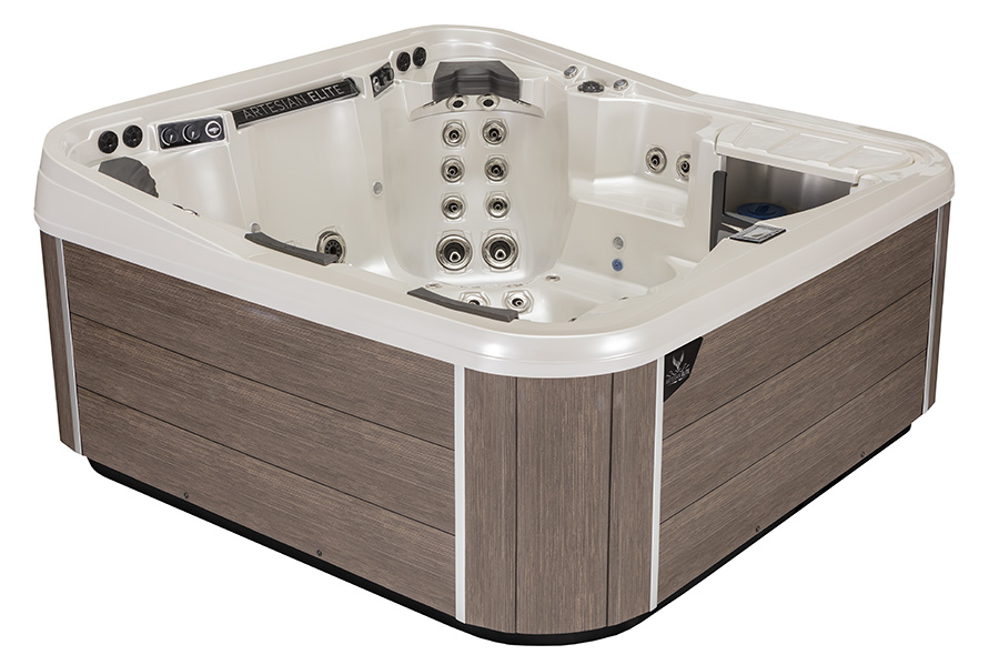 Luxury hot tub with wood grain exterior and multiple jet systems for spa relaxation