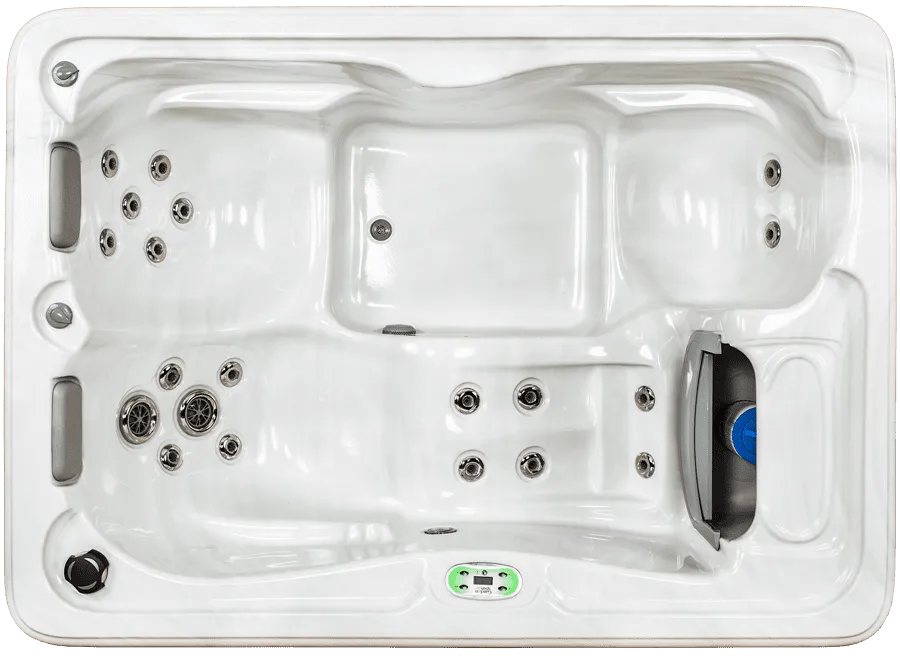 Overhead view of white hot tub with jets and spa equipment controls