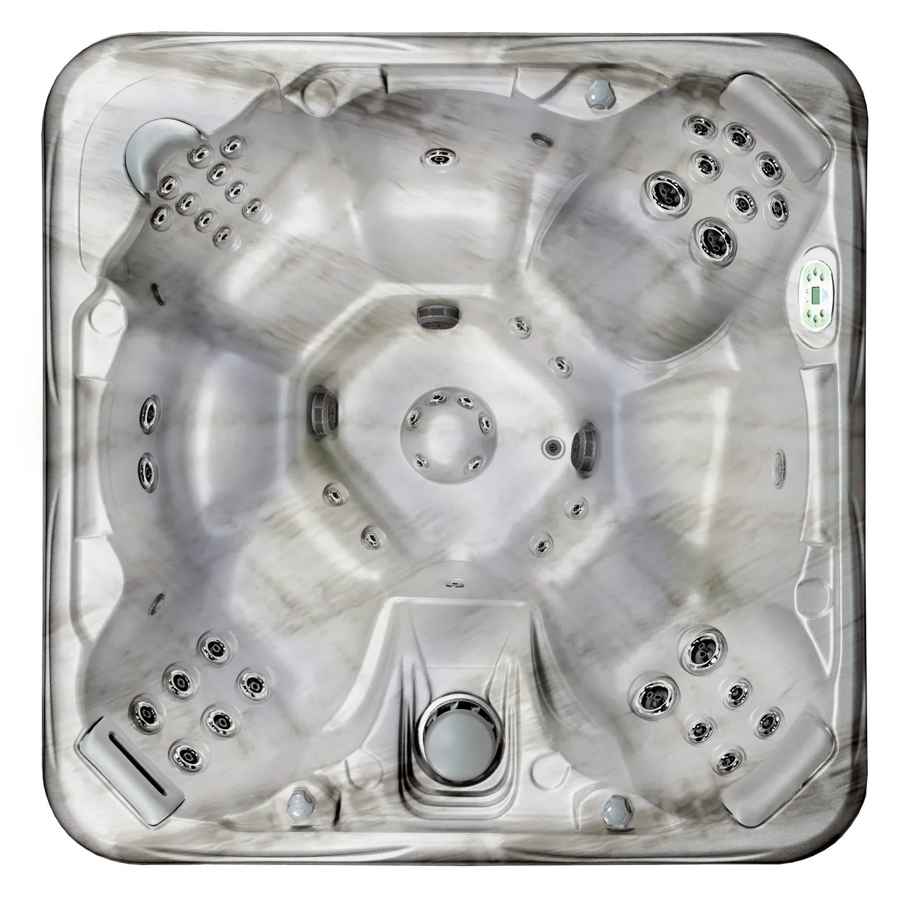 Overhead view of luxury hot tub with multiple jets and spa equipment for pool maintenance