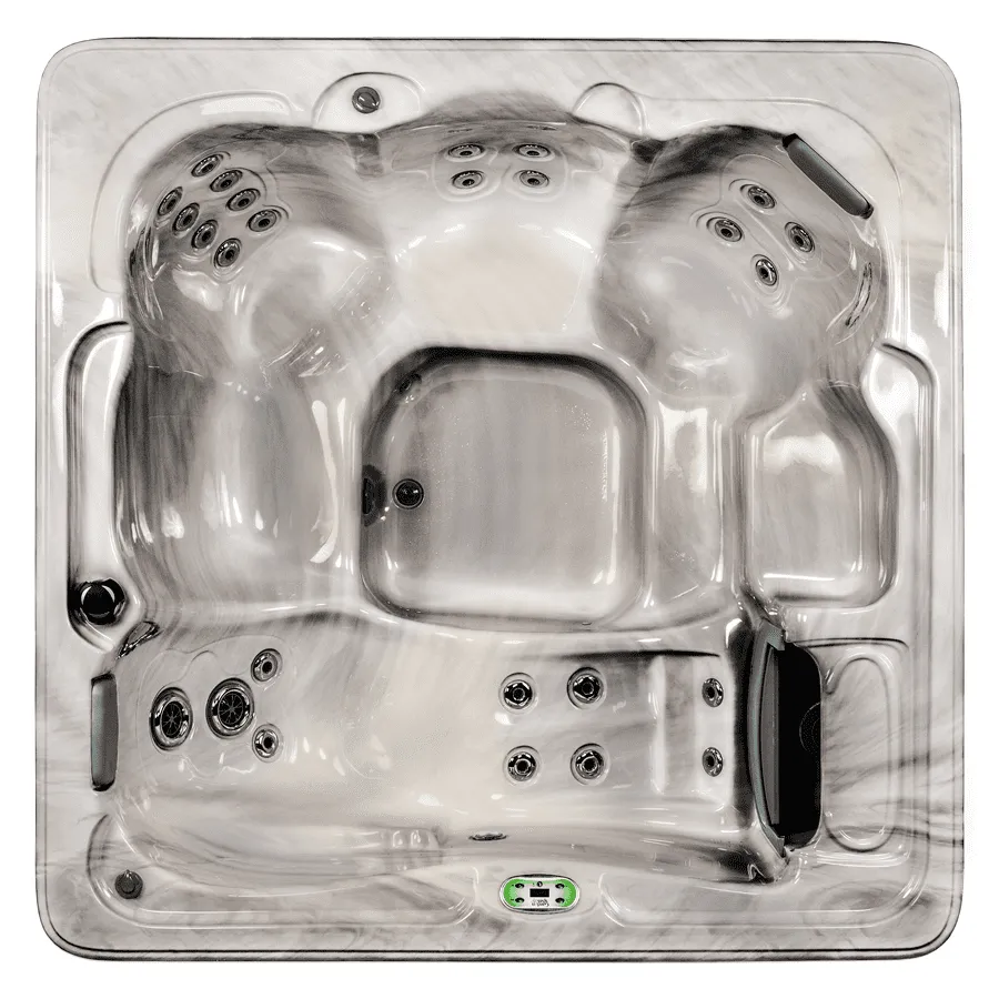 Overhead view of luxury hot tub with multiple jet spa equipment and seating areas