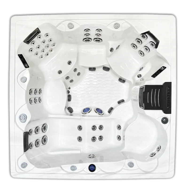 Overhead view of luxury hot tub with jets, controls, and spa equipment installation