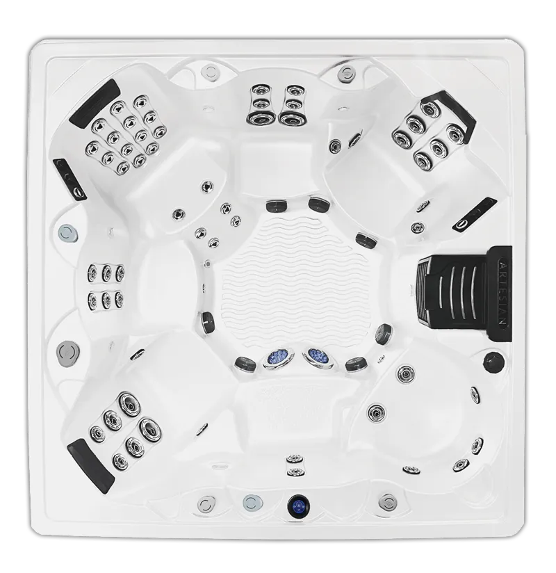 Overhead view of luxury hot tub with multiple jets and spa equipment