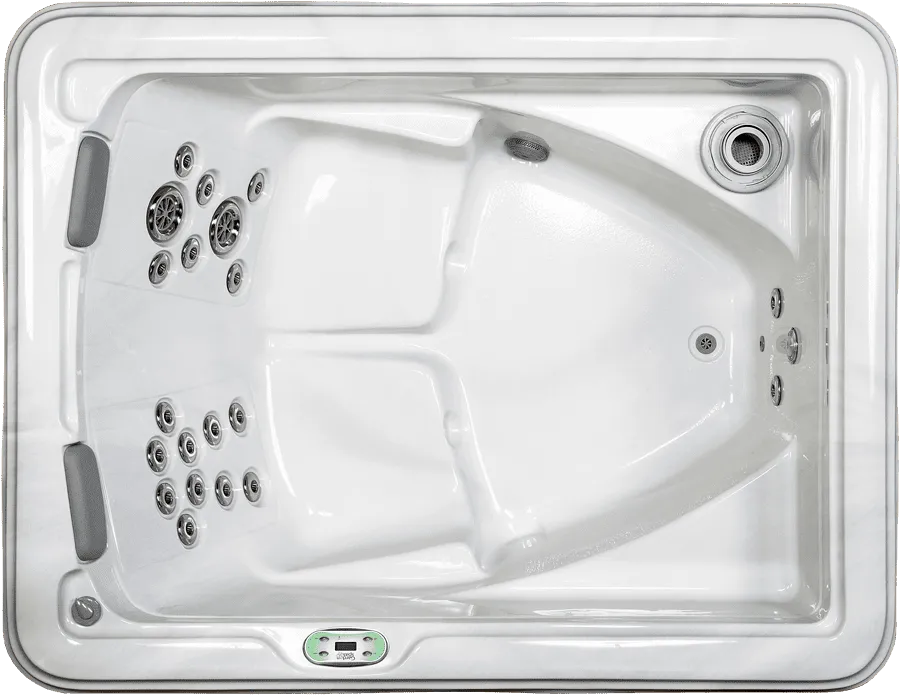 Overhead view of luxury hot tub with integrated jets and spa equipment controls