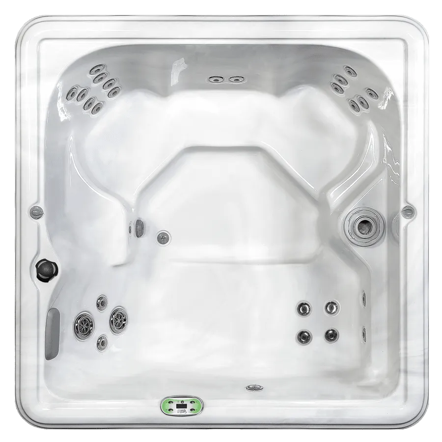 Overhead view of white hot tub with jets and spa equipment controls