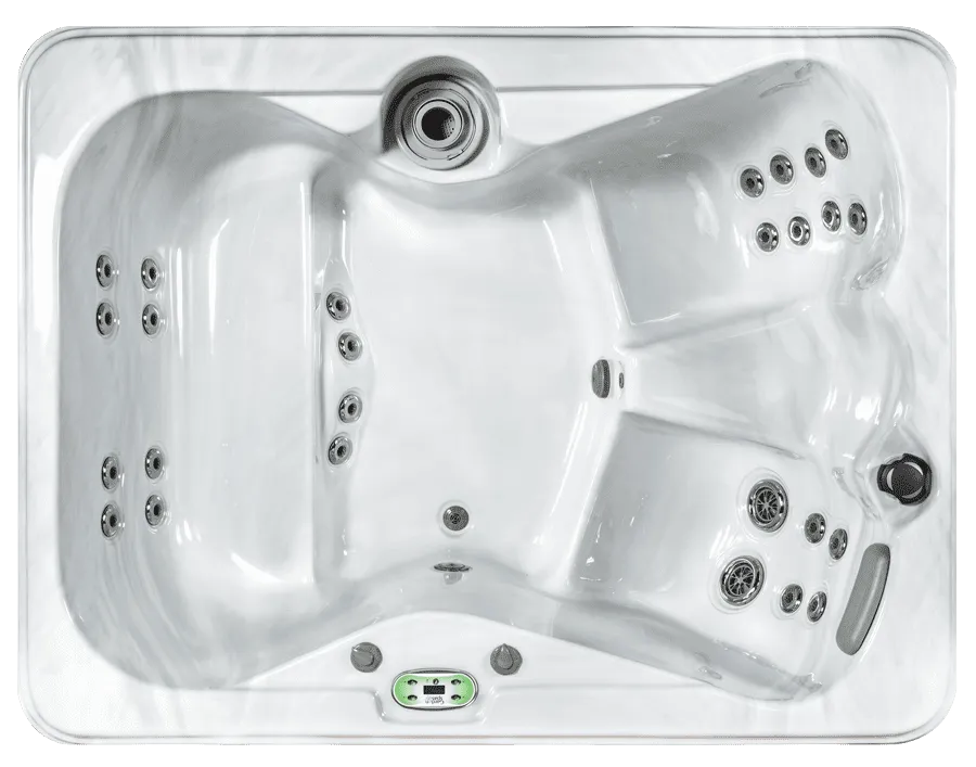 White hot tub with jets and hydrotherapy features viewed from above
