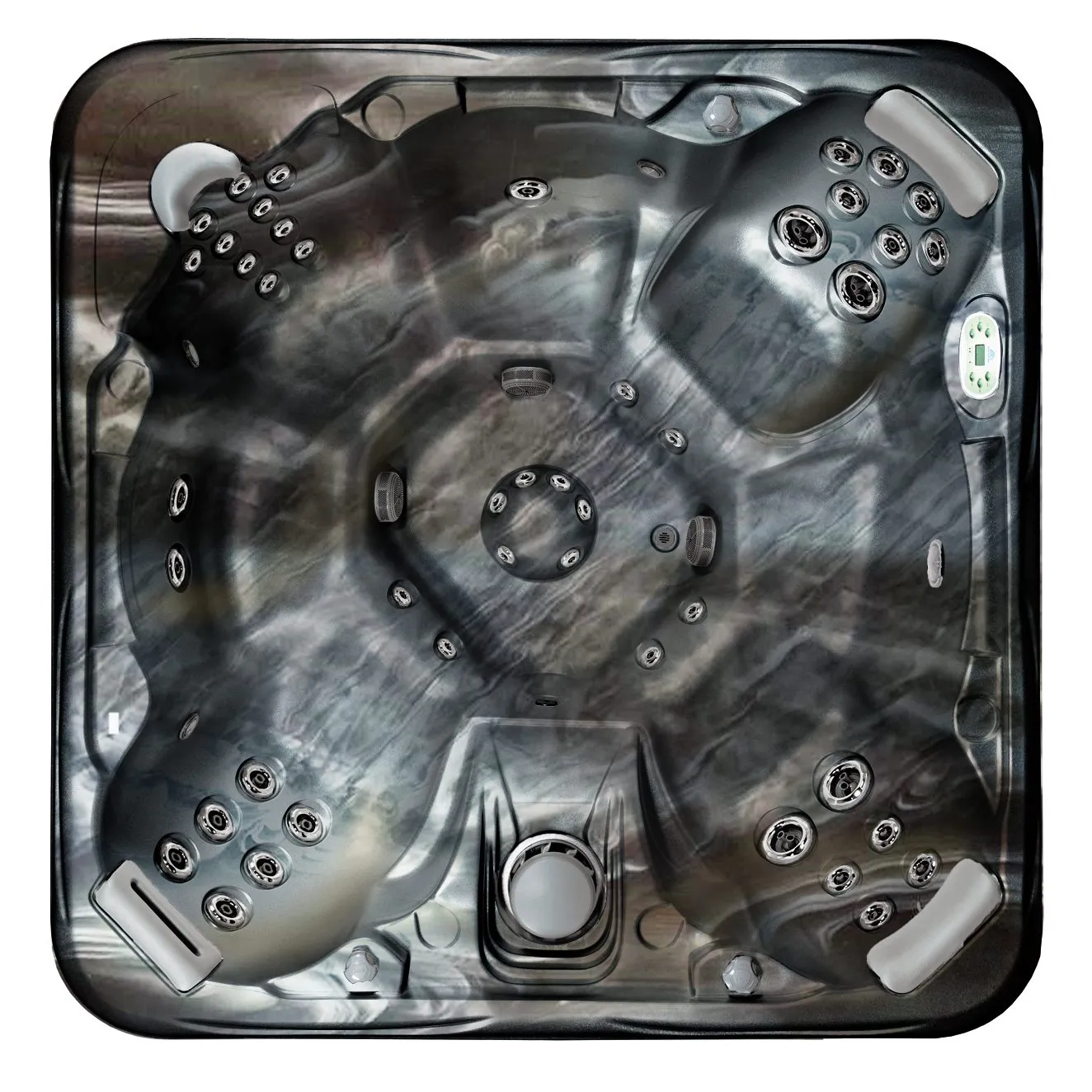 Overhead view of luxury hot tub spa equipment with multiple jets and control features