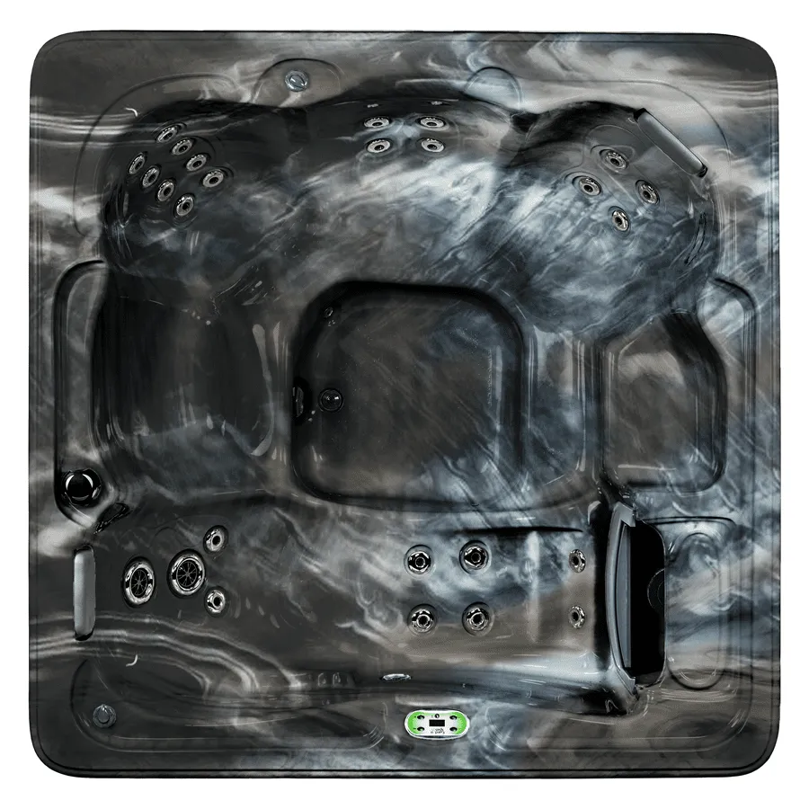 Overhead view of luxury hot tub spa equipment with multiple jets and seating