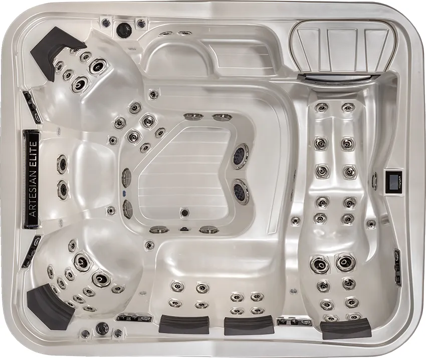 Overhead view of hot tub interior showing jets and spa equipment layout for pool maintenance