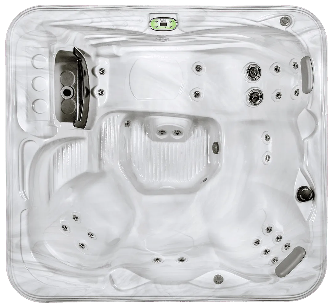 Overhead view of luxurious hot tub spa equipment with jets and controls