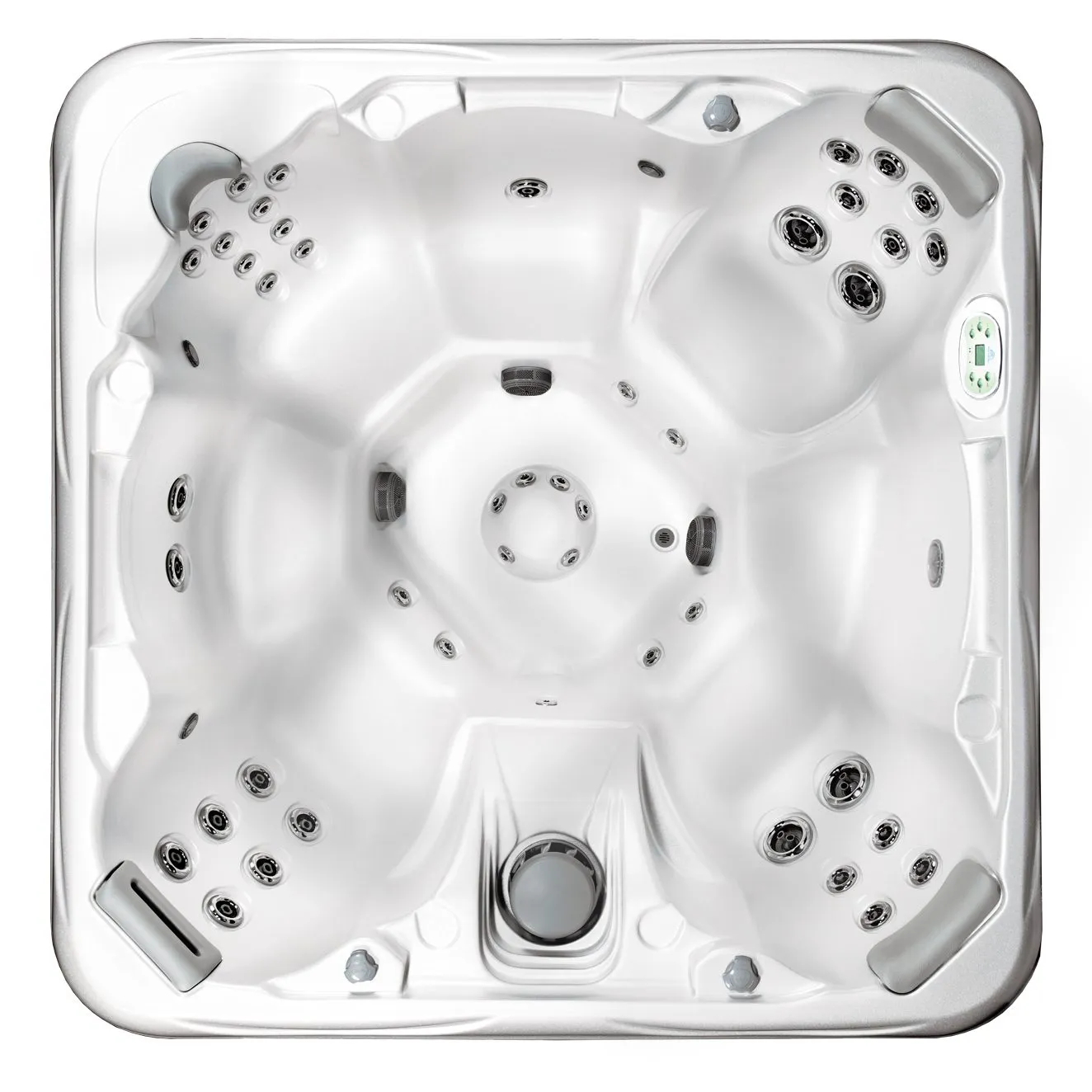 Overhead view of luxurious hot tub spa with multiple jets and seating areas