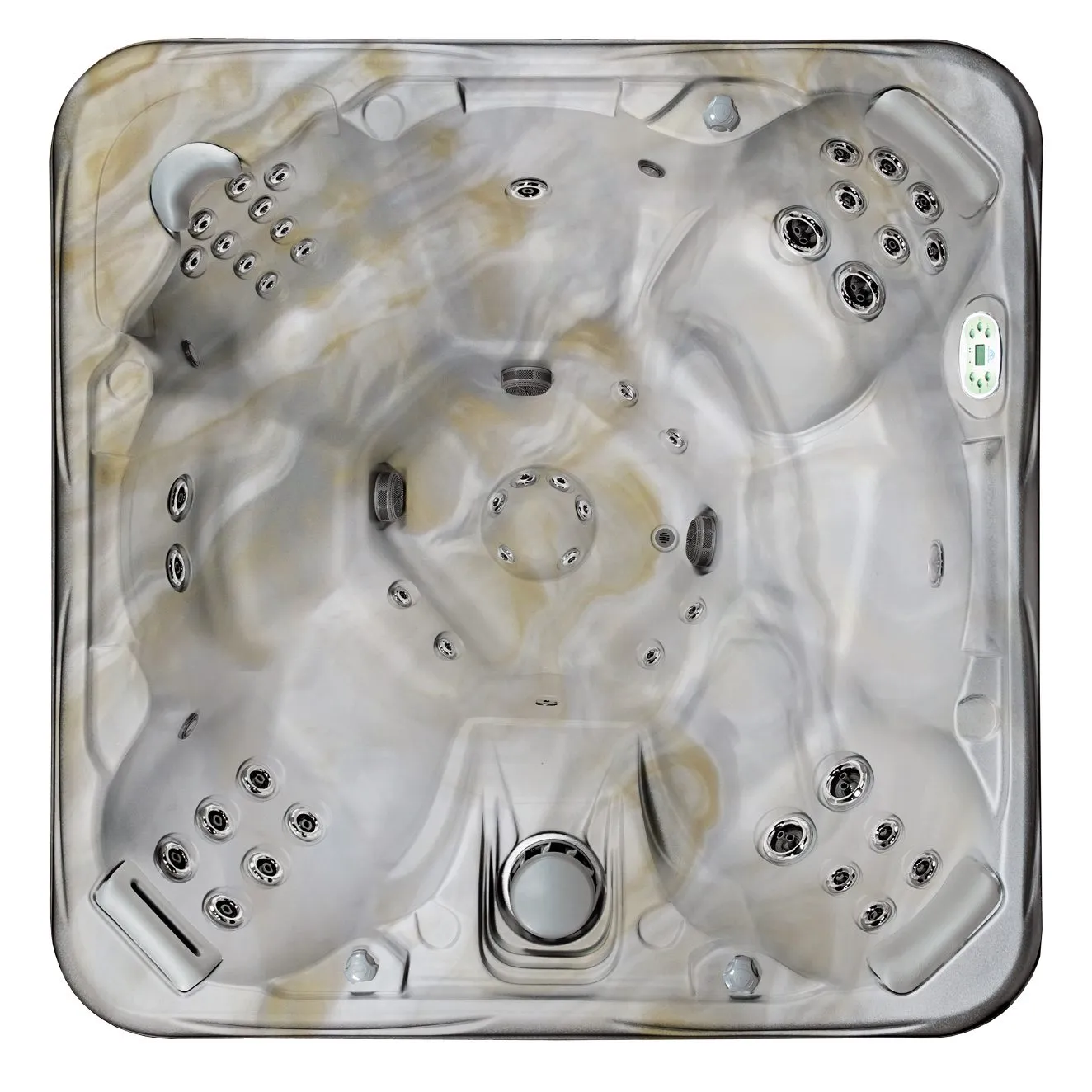 Overhead view of luxury hot tub with multiple jets and spa equipment installed