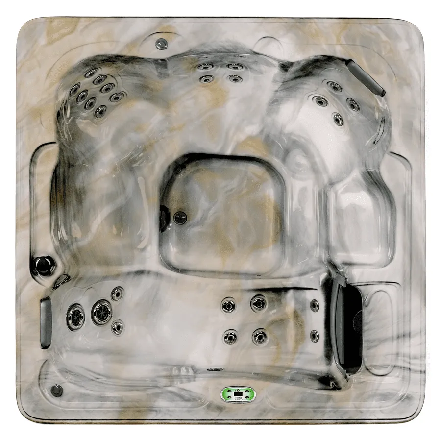 Overhead view of luxurious hot tub spa with multiple jets and seating areas