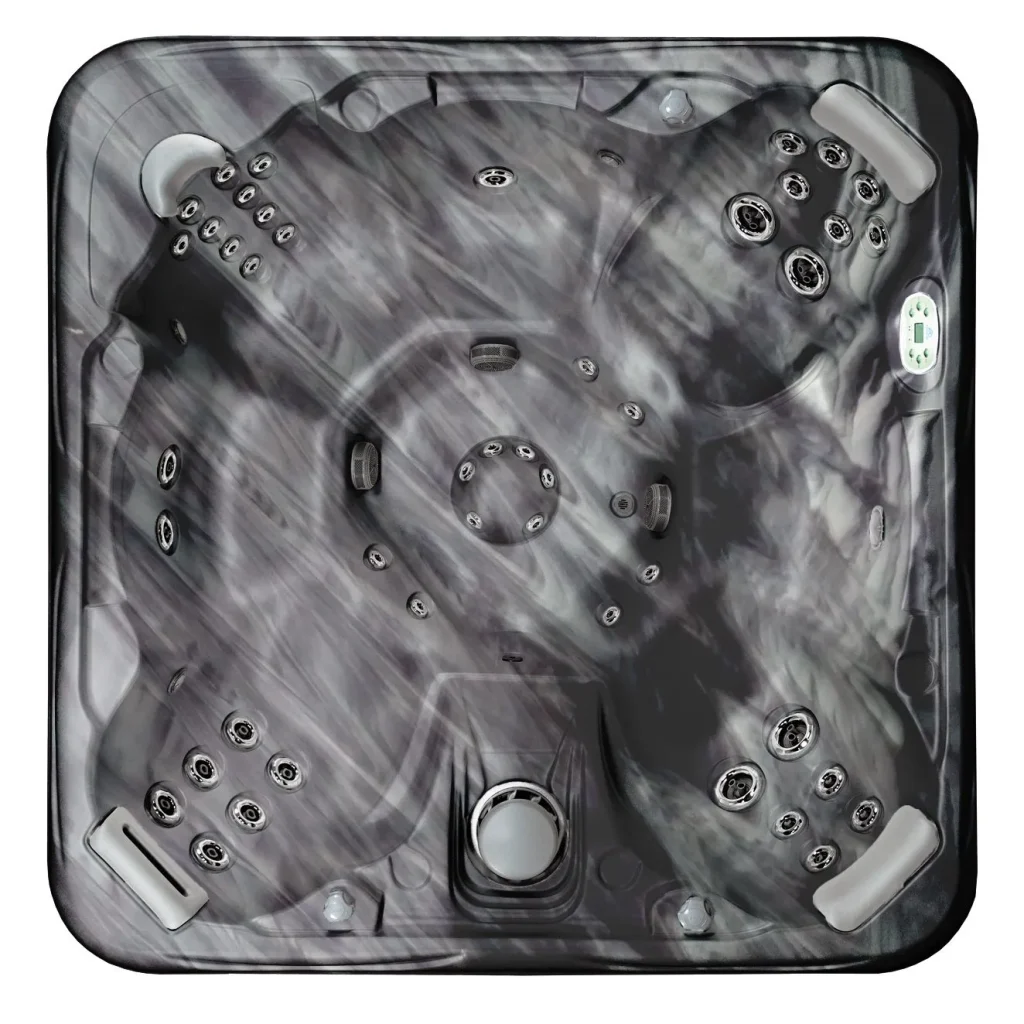 Overhead view of hot tub interior showing jets and spa equipment layout