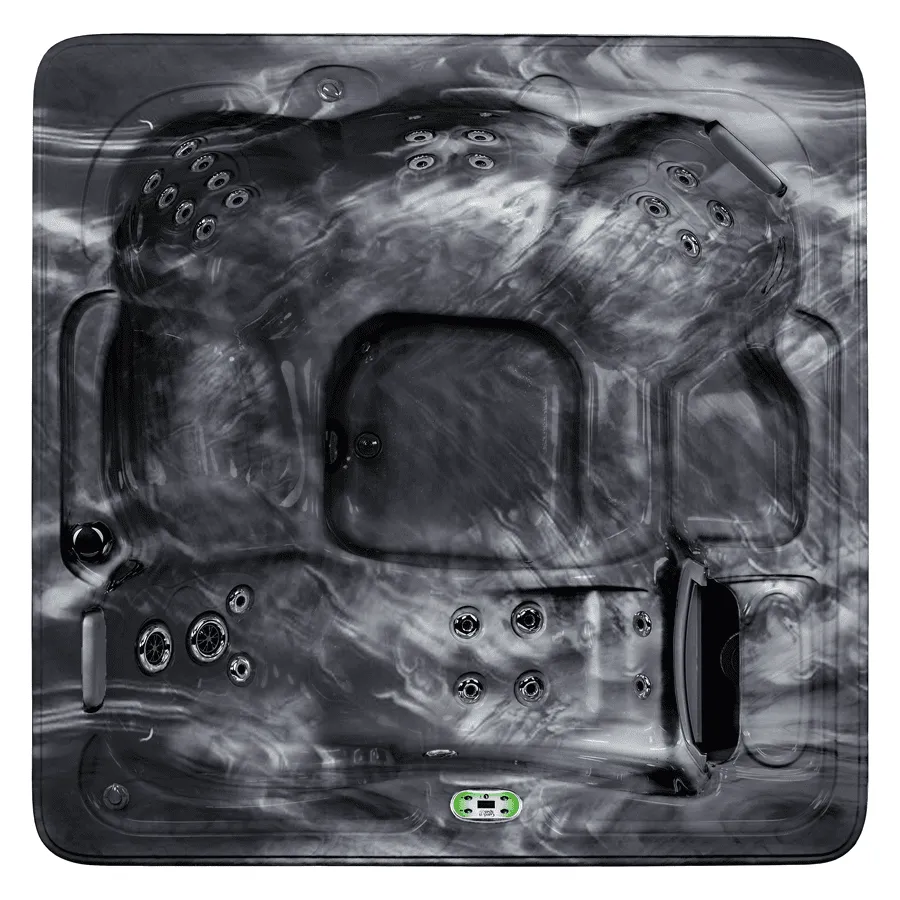 Overhead view of luxurious hot tub spa with jets and seating for family relaxation